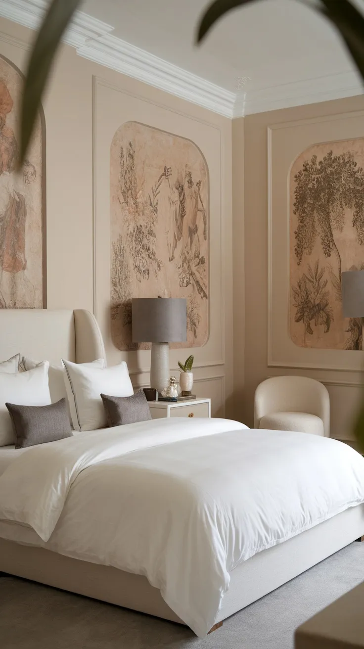 A stylish bedroom featuring vintage-style artwork on the walls, soft bedding, and modern furniture.