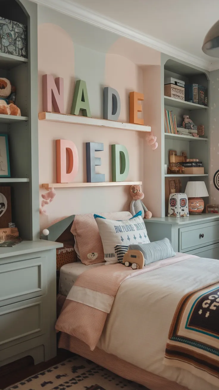 Colorful wooden letters spelling out a name on a wall above a bed in a boy's bedroom.