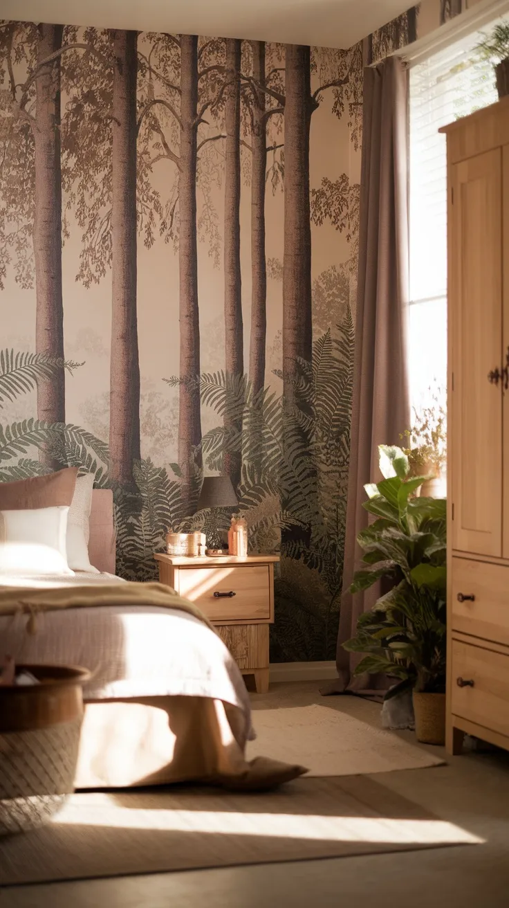 Bedroom with nature-inspired wallpaper featuring trees and ferns, wooden furniture, and soft lighting.