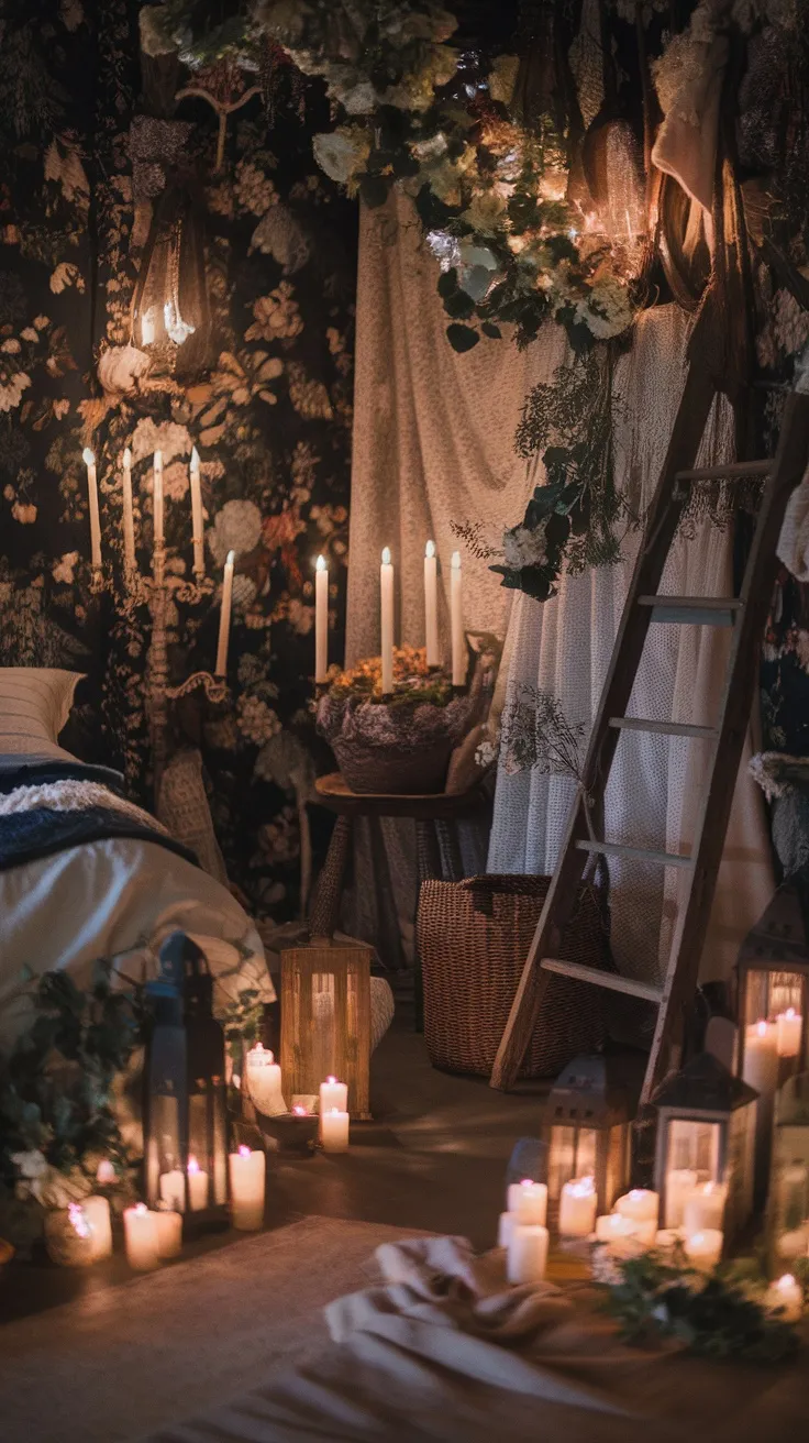 A cozy bedroom with old-fashioned candle holders and lanterns, featuring warm candlelight and decorative elements.