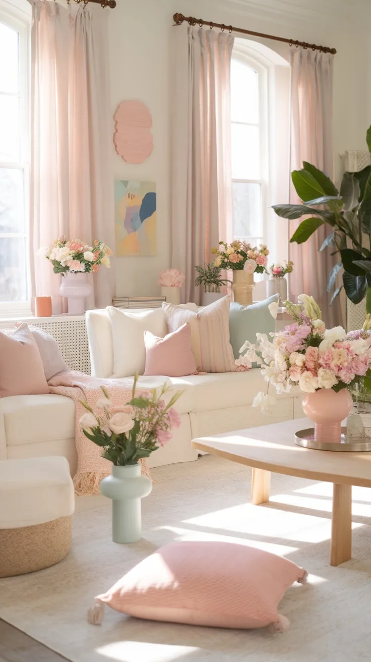 Living room decorated with pastel colors, featuring soft pink curtains, cushions, and floral arrangements.