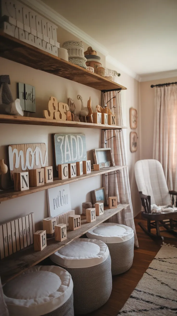 A decorated nursery shelf with wooden name signs and letter blocks.