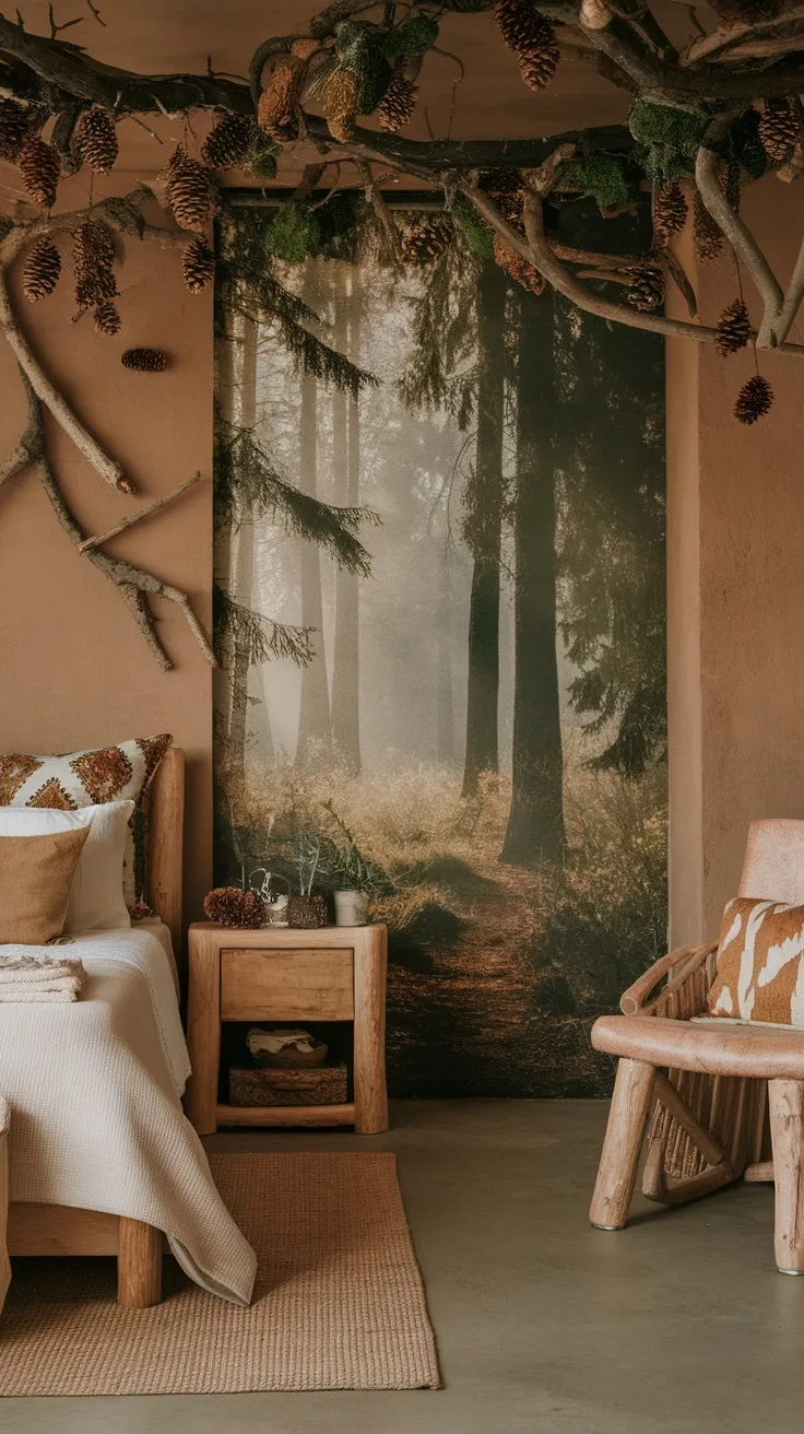 A cozy bedroom with natural decorations like twigs, pinecones, and a forest-themed wall mural