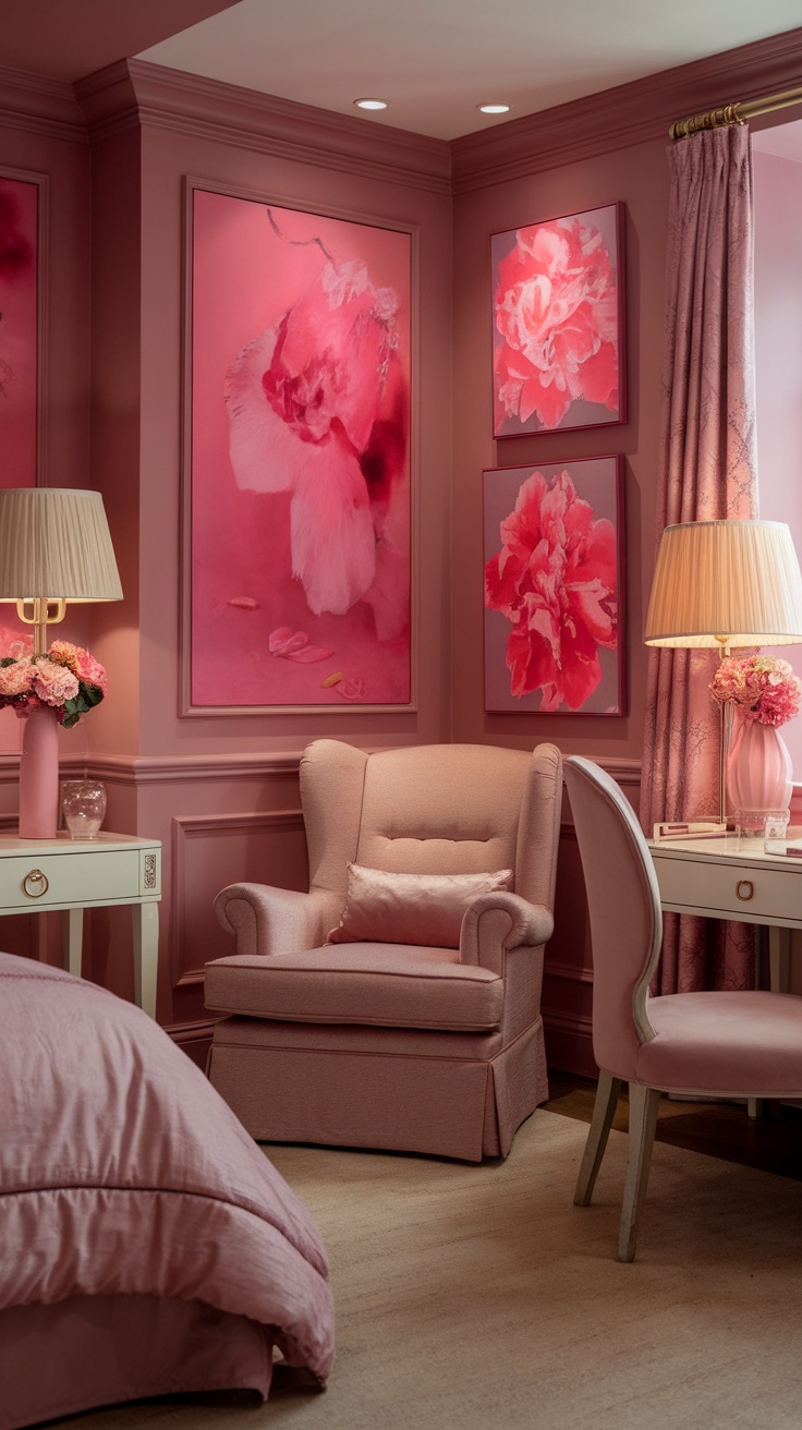 A cozy dusty pink bedroom featuring floral-themed artwork on the walls, a comfortable armchair, and subtle decorative elements.