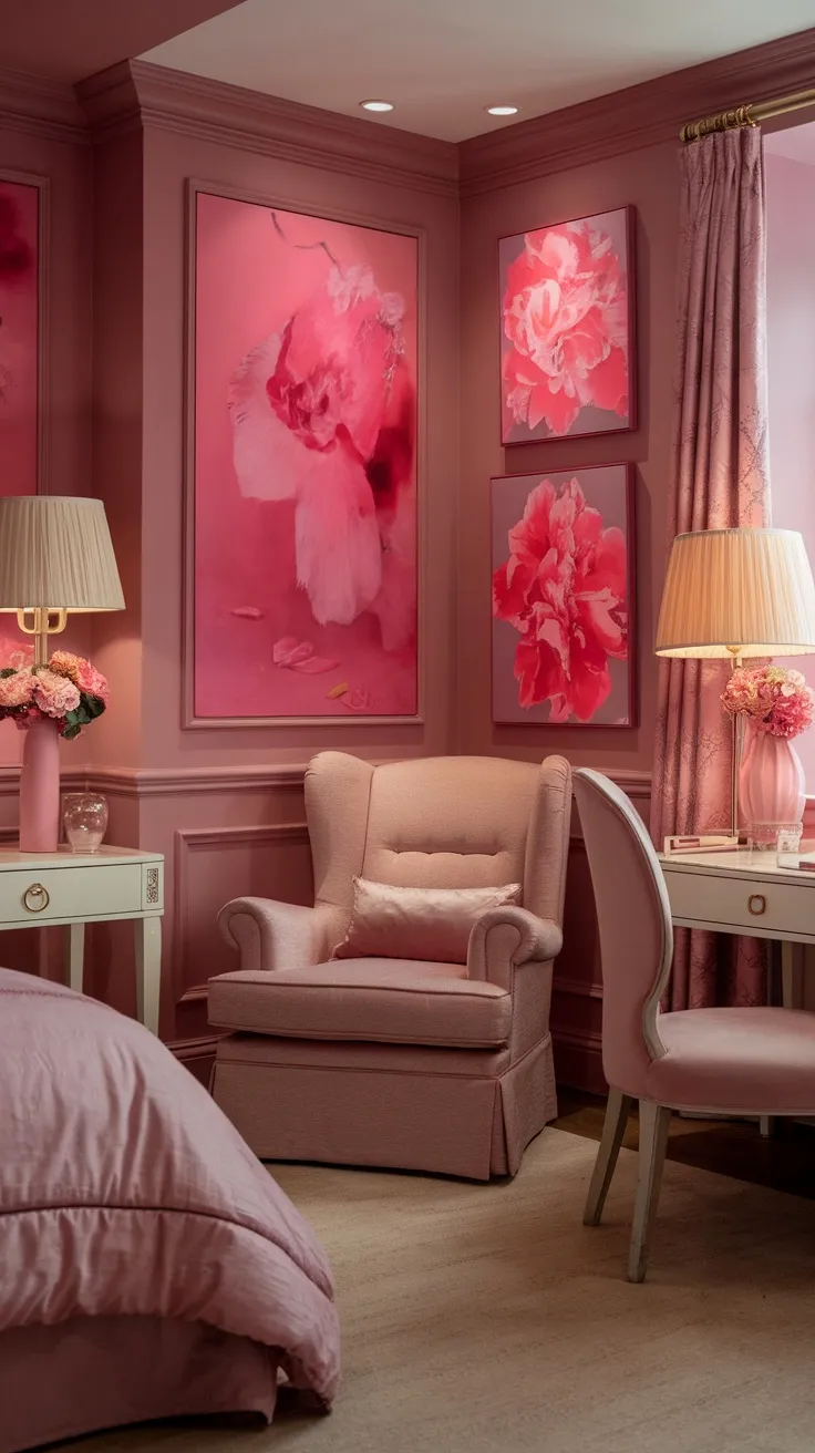 A cozy dusty pink bedroom featuring floral-themed artwork on the walls, a comfortable armchair, and subtle decorative elements.