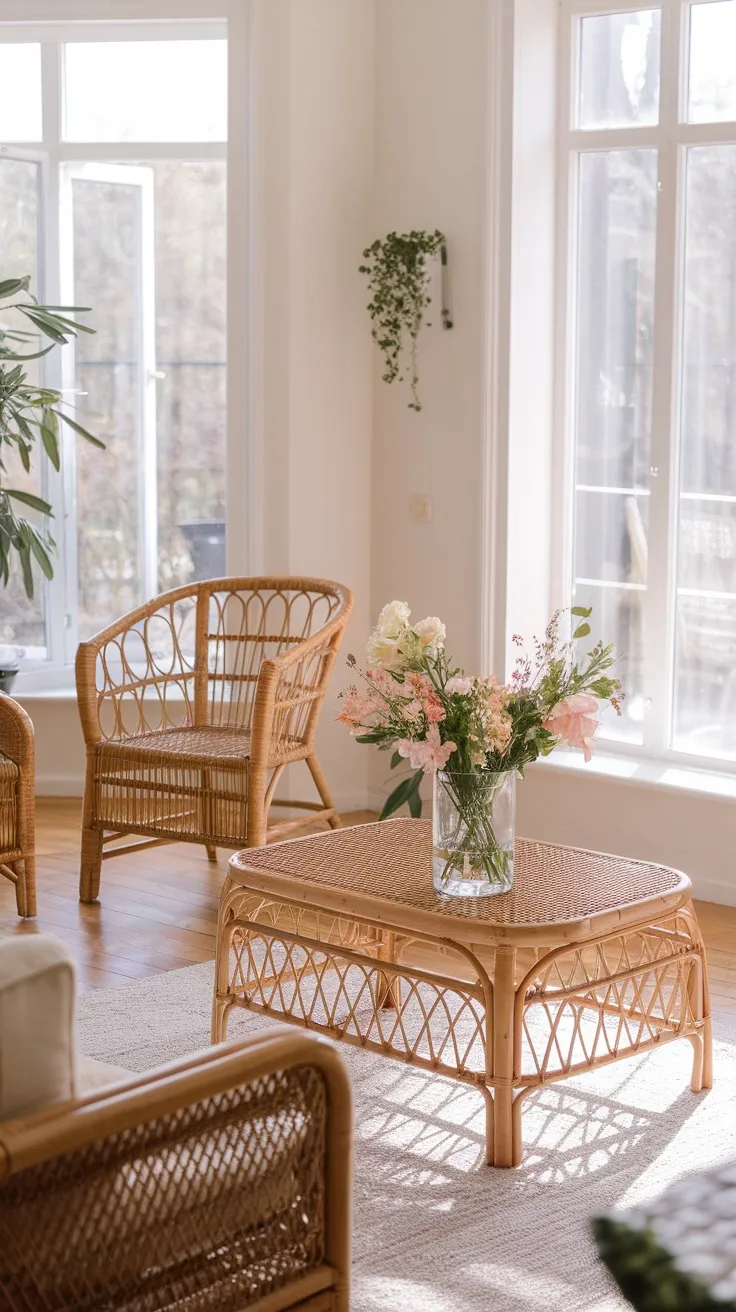 Cozy living room with rattan furniture and a floral arrangement