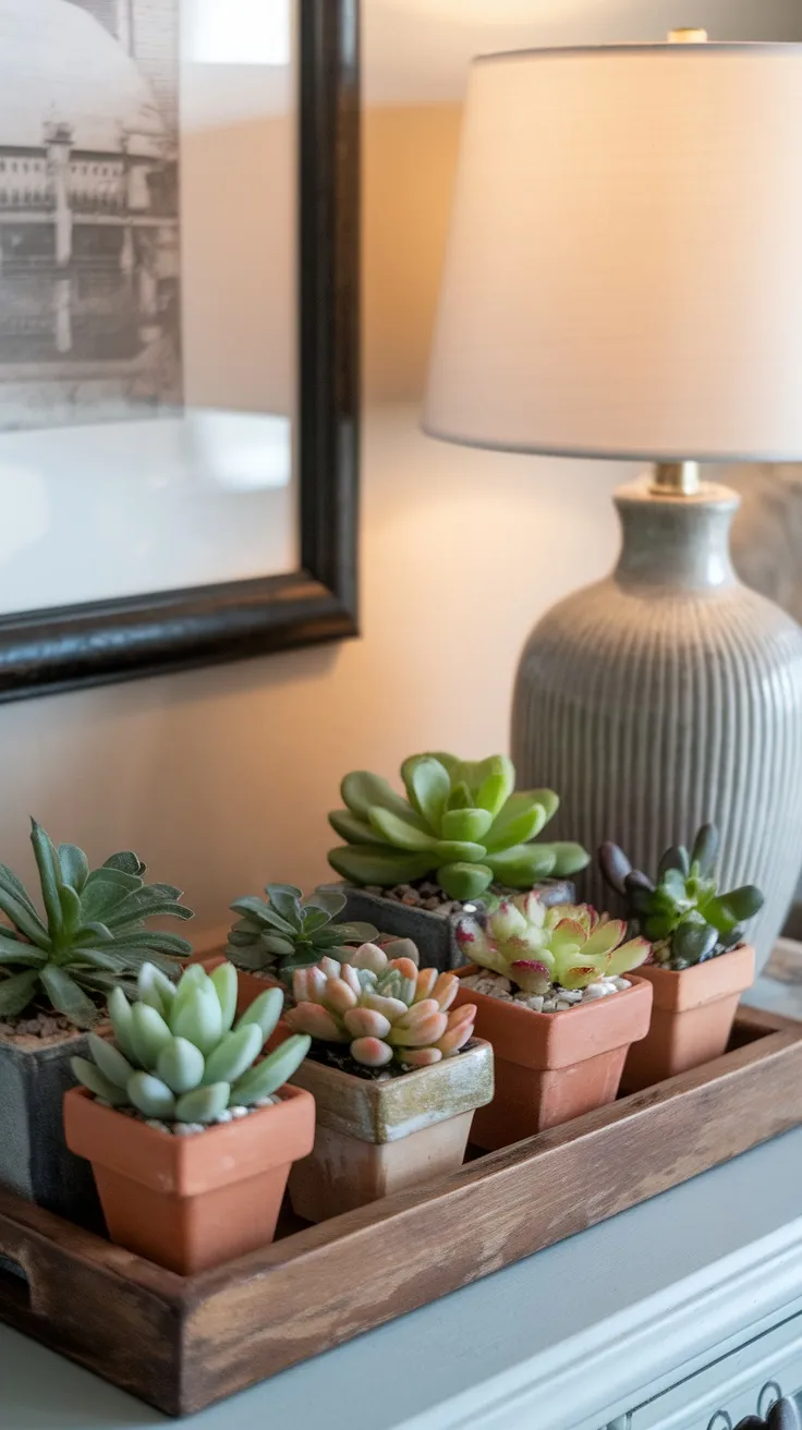 Small succulents arranged on a wooden tray next to a lamp, creating a cozy bedroom decor