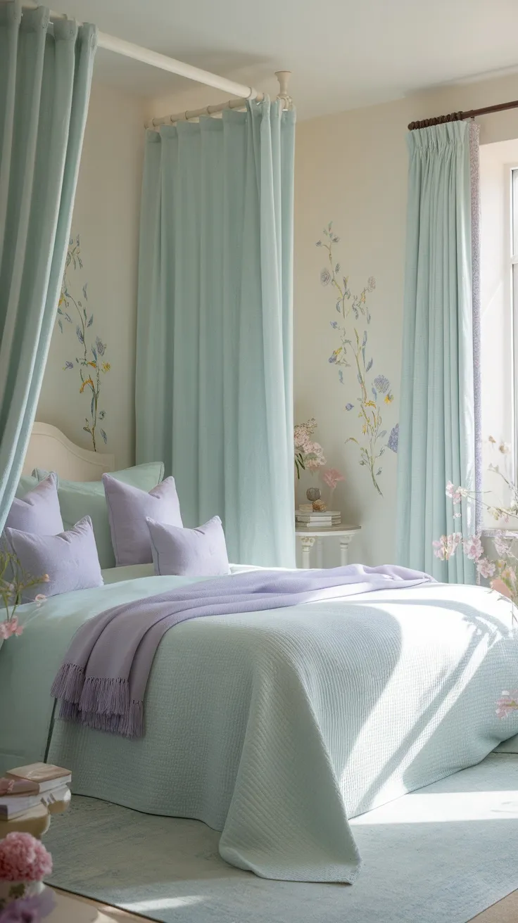 A serene bedroom decorated with soft pastel colors, featuring a light blue bedspread and lavender accents, with flowing curtains and floral decor.