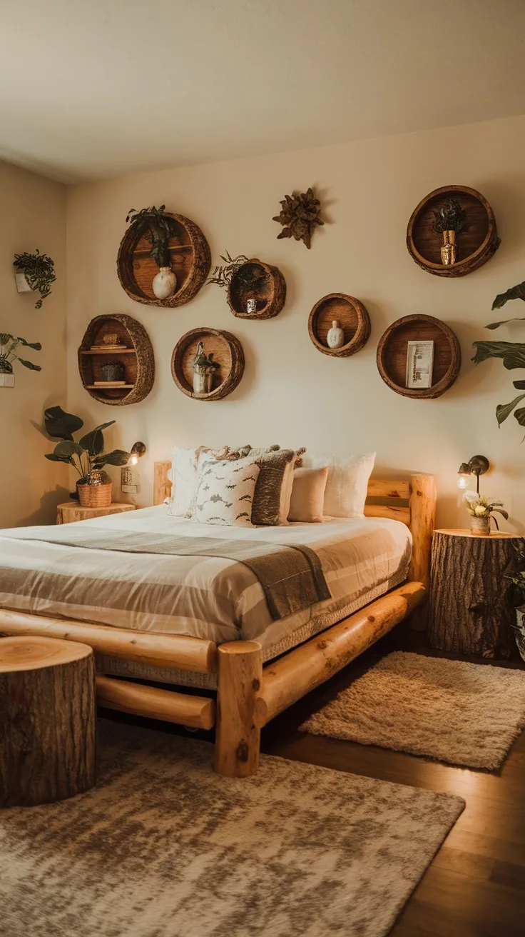 Cozy bedroom featuring a wooden bed and tree stump nightstand, decorated with plants and rustic wall shelves.