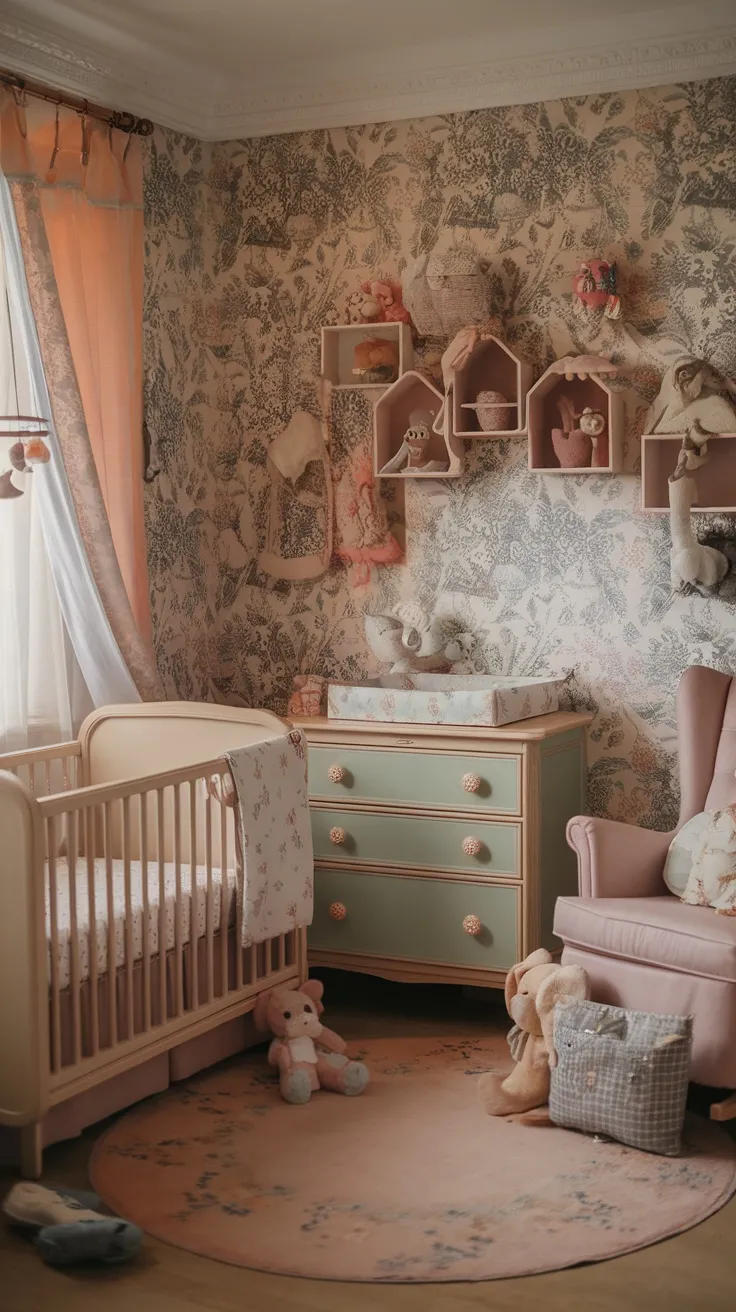 A vintage-inspired nursery featuring floral wallpaper, a crib, a mint green dresser, and soft pink accents.