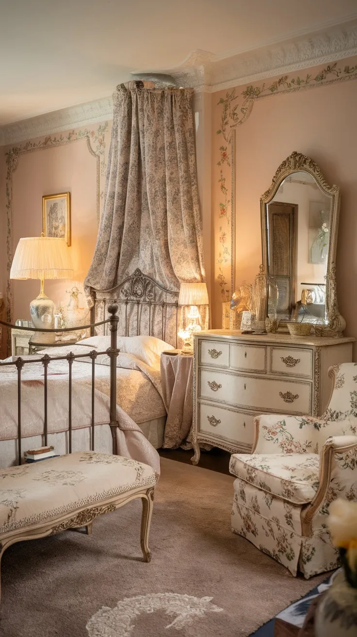 A vintage-style French bedroom with an iron bed, ornate dresser, and warm lighting