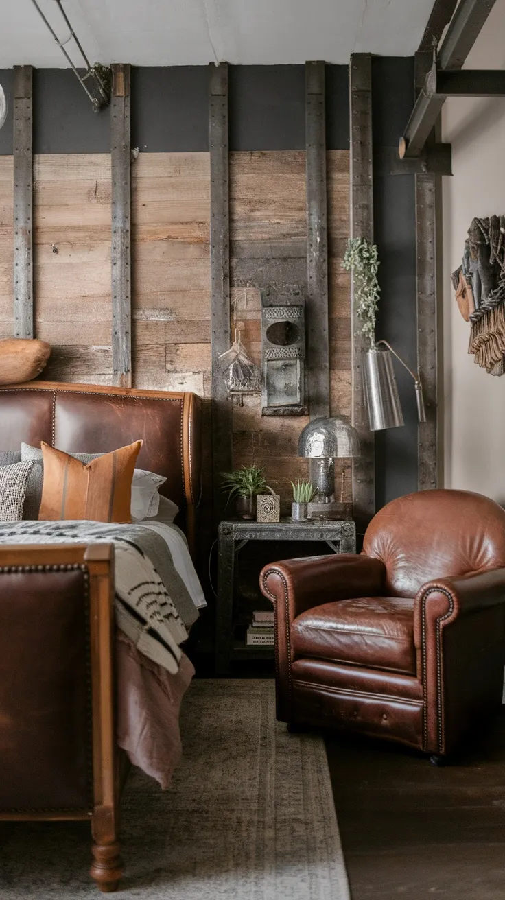 A cozy bedroom featuring a leather headboard, distressed wood walls, and metal accents.