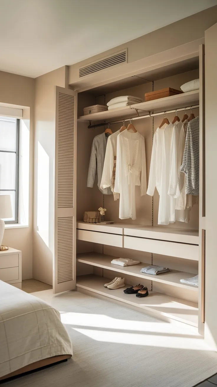 A stylish open closet system with shelves and hanging space in a bedroom.