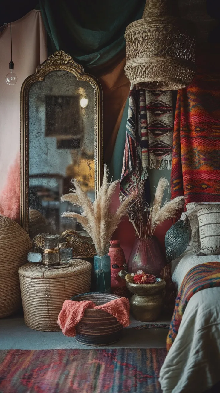 A cozy bedroom corner featuring a mix of antique and boho-inspired accessories, including a vintage mirror, woven baskets, and pampas grass.