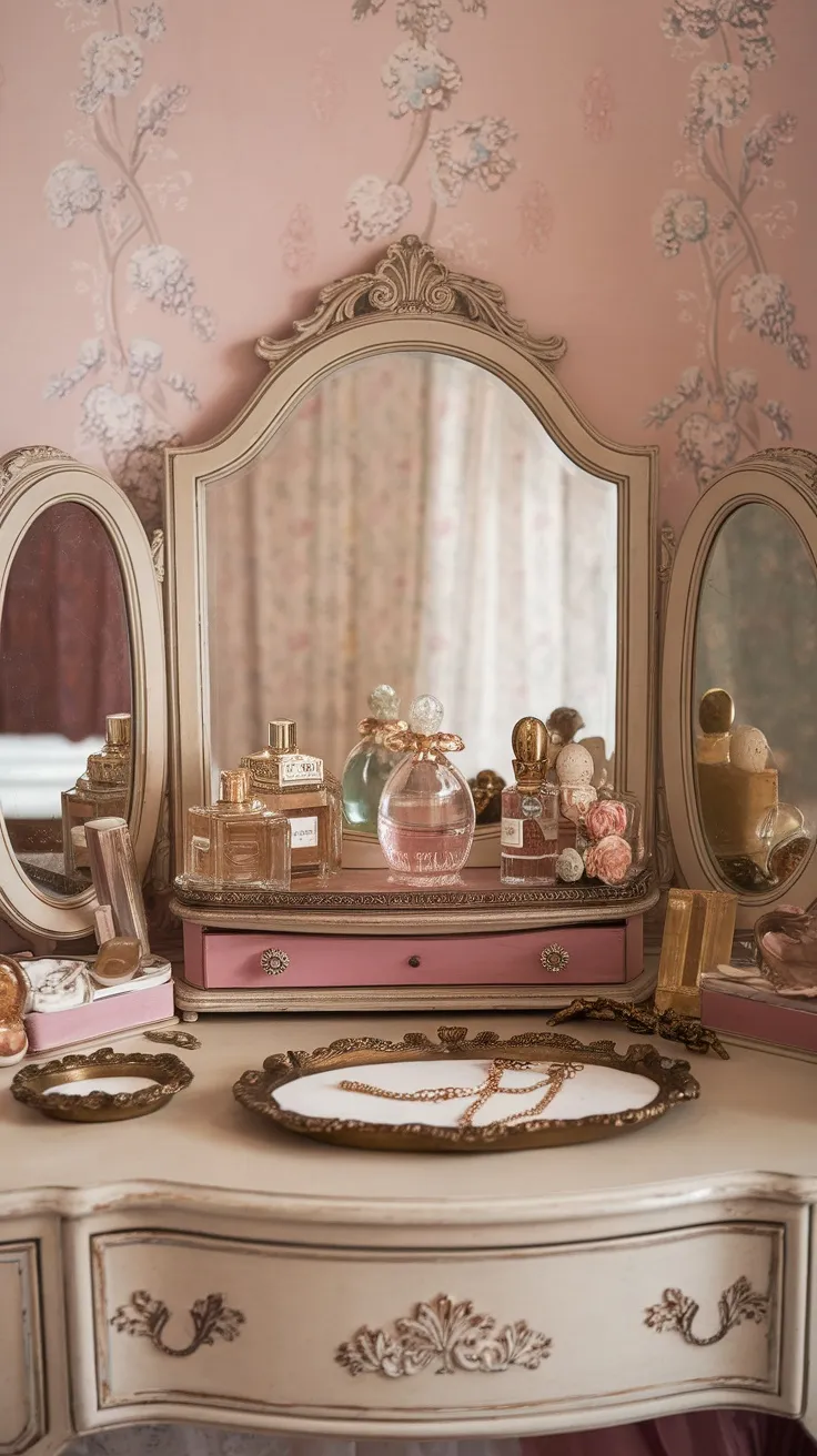 A vintage vanity with antique perfume bottles and a decorative jewelry tray.