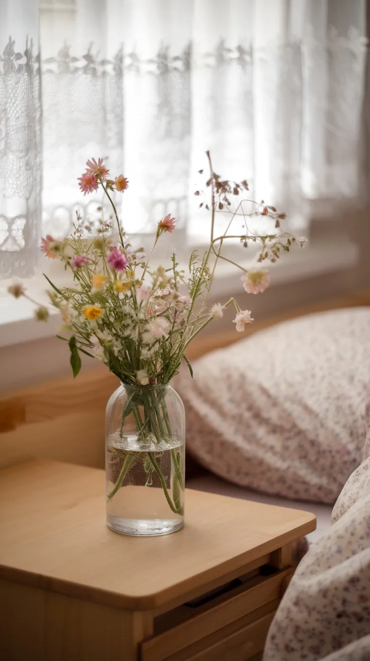 A vase with fresh wildflowers on a bedside table next to a bed with floral pillows and lace curtains.