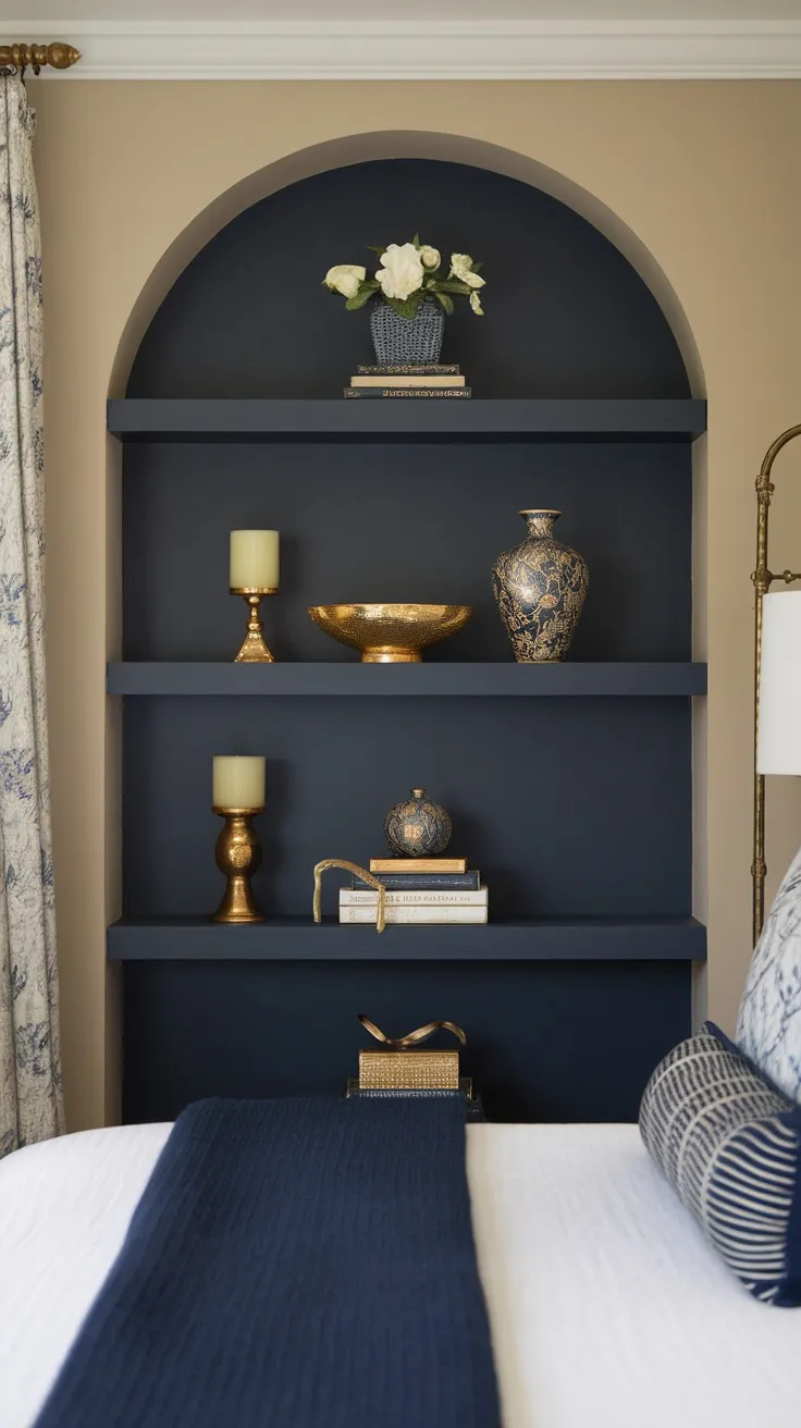 Navy shelves decorated with gold accessories, including vases and candle holders