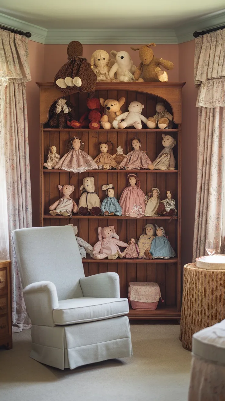 A shelf displaying old-fashioned stuffed animals and handmade dolls in a nursery.