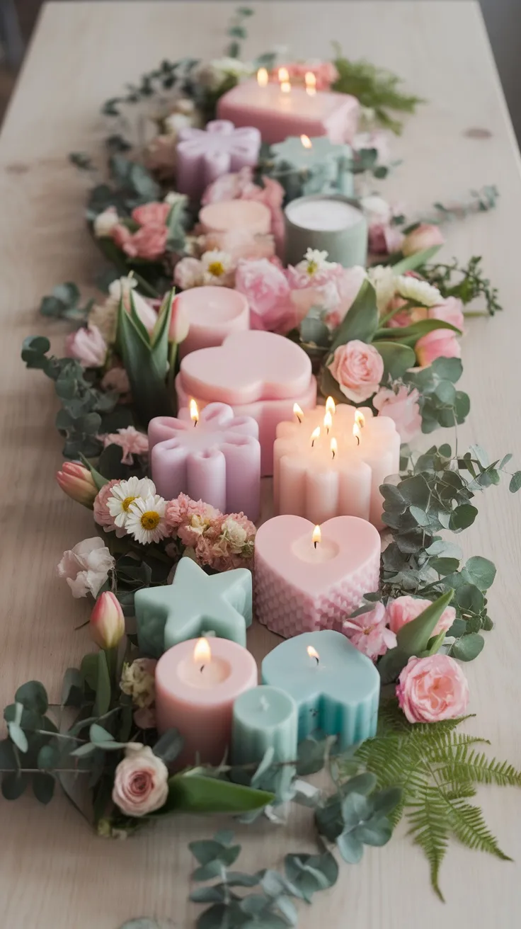 Display of colorful candles surrounded by fresh flowers and greenery on a wooden table.