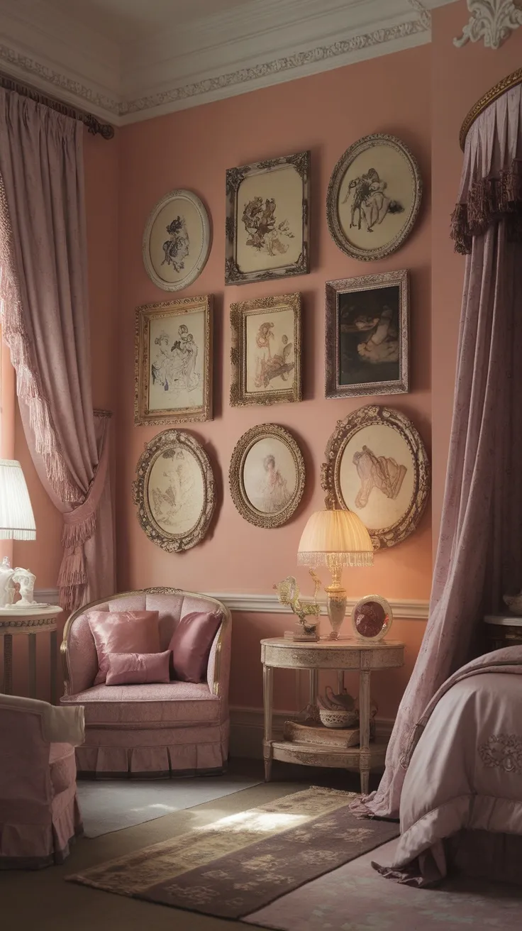 Vintage-inspired picture frames and classic artwork displayed in a cozy bedroom.