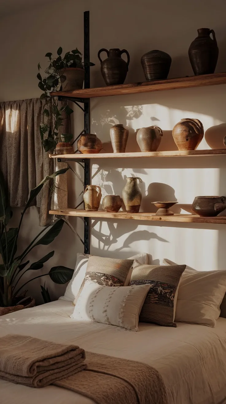 A cozy dark cottagecore bedroom featuring vintage pottery displayed on wooden shelves.