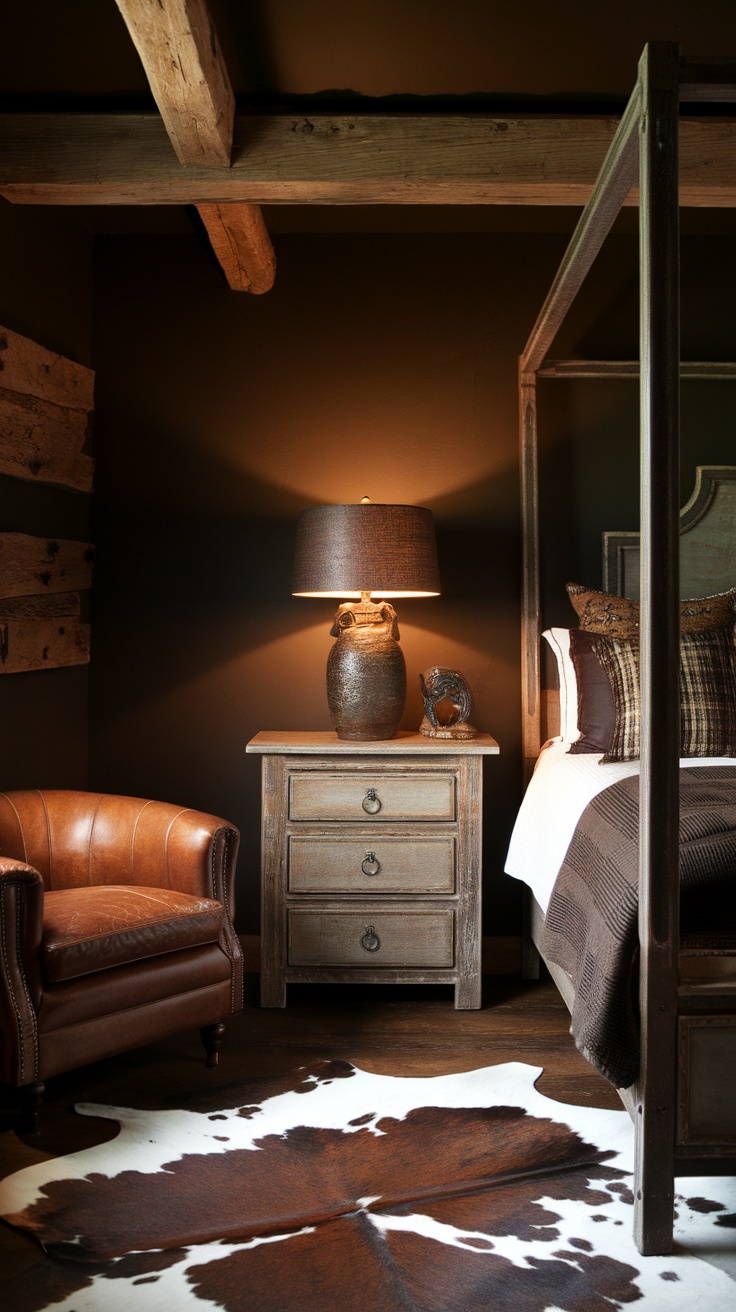 Cozy western bedroom featuring distressed wood nightstands and rustic decor