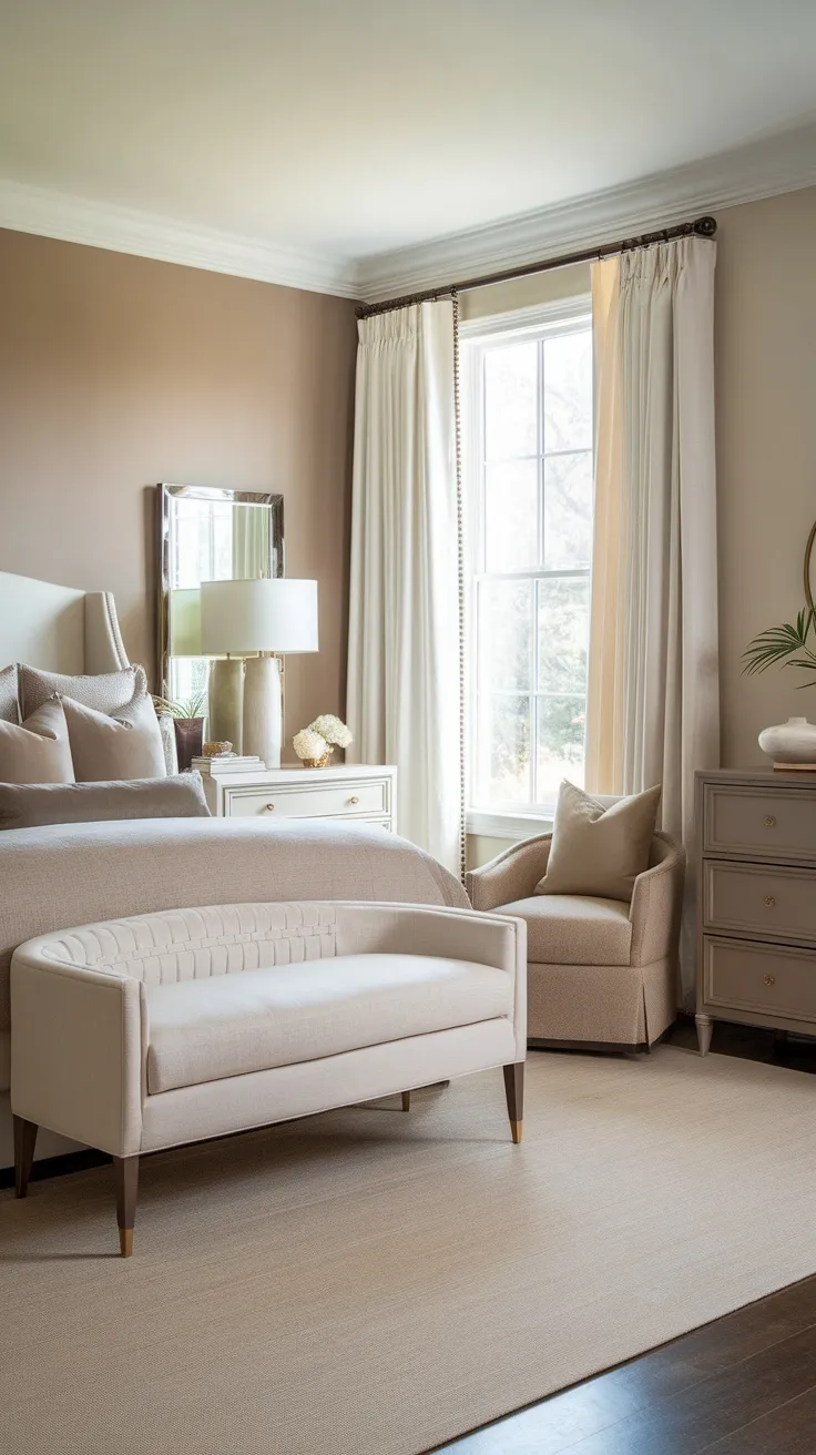 A classy neutral bedroom featuring beige and cream colors, elegant furniture, and natural light.