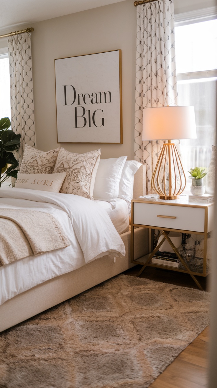 A cozy bedroom featuring a soft area rug, plush bedding, and stylish decor.