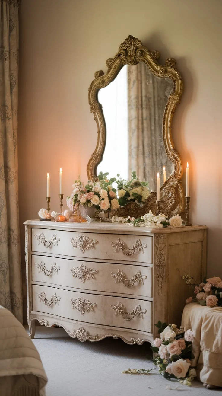 Vintage dresser with ornate gold mirror and fresh flowers