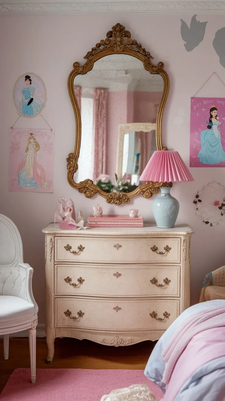 A vintage styled princess bedroom featuring an ornate gold mirror above a dresser with elegant decor.