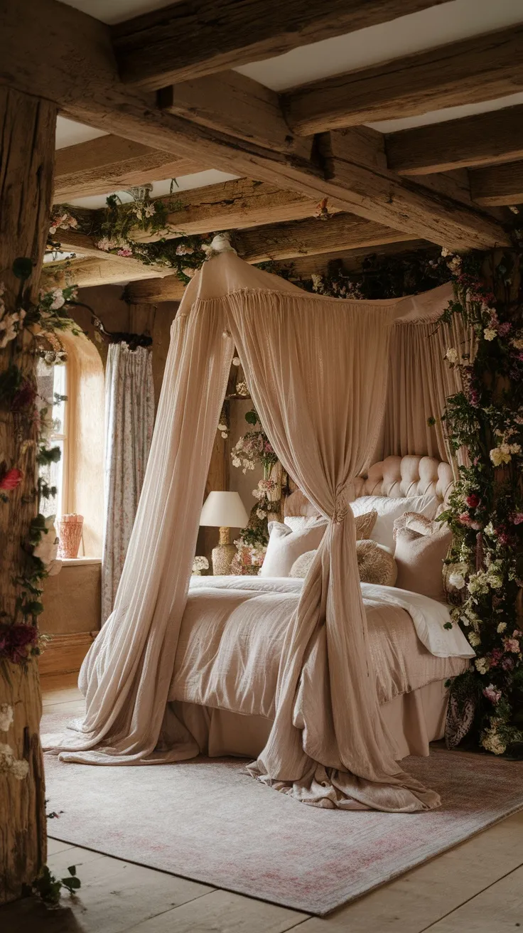 A cozy English cottage bedroom with soft drapes around the bed and floral decorations.