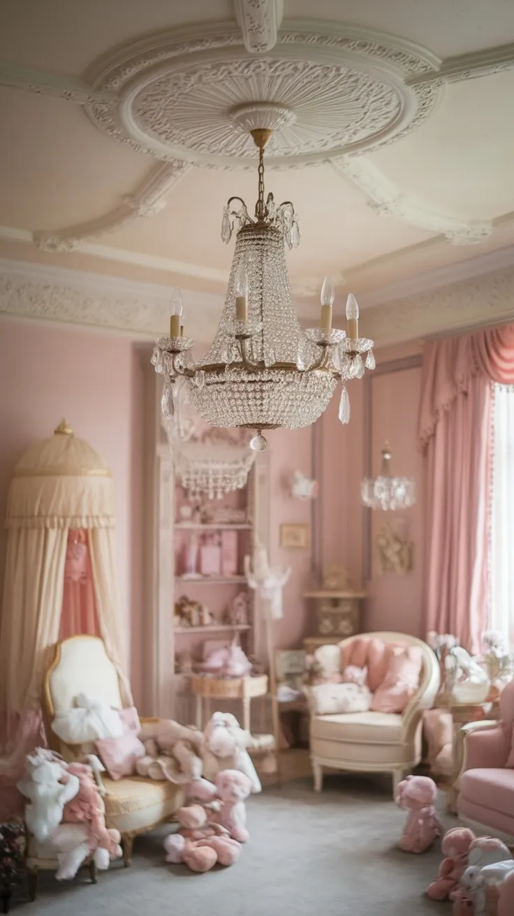 A vintage nursery room with a crystal chandelier, pink walls, and plush toys.
