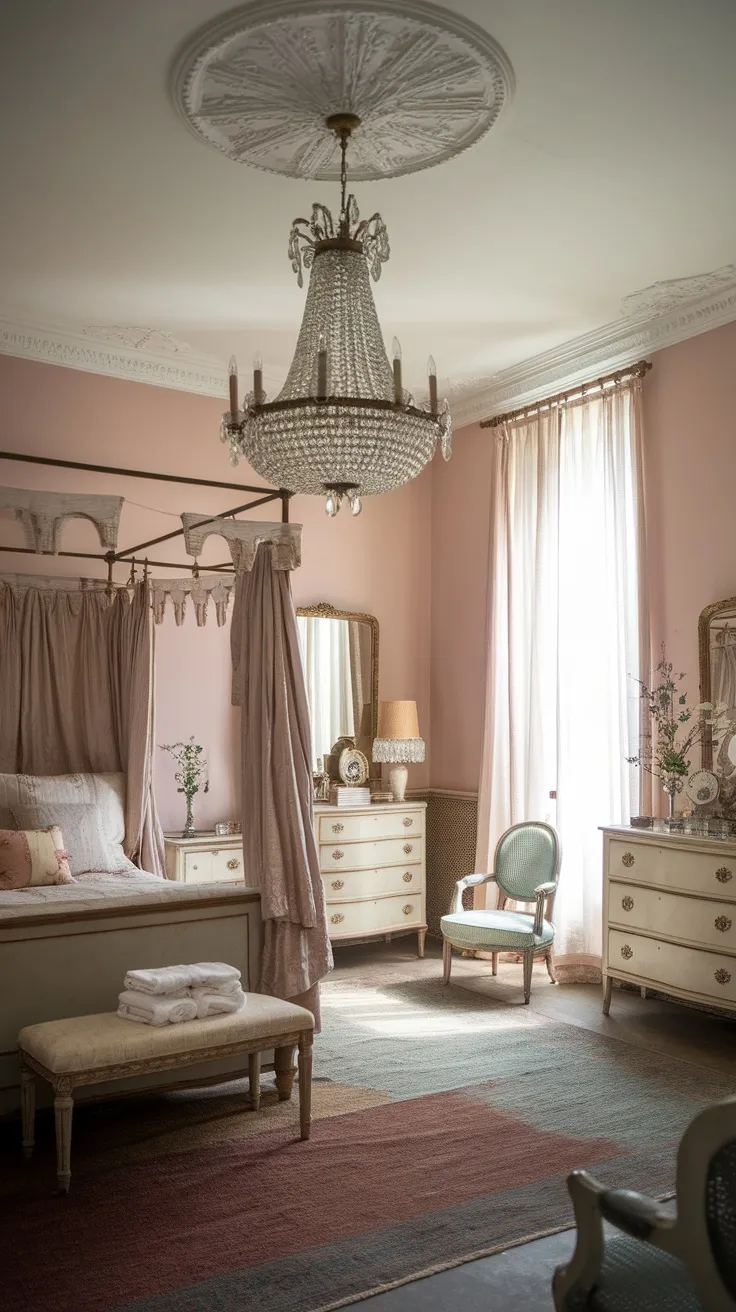 A beautifully decorated bedroom featuring a crystal chandelier, soft pink walls, and elegant furnishings.