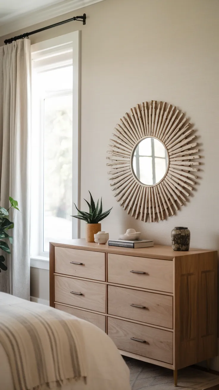 A sunburst mirror hangs above a simple wooden dresser with plants and decor.
