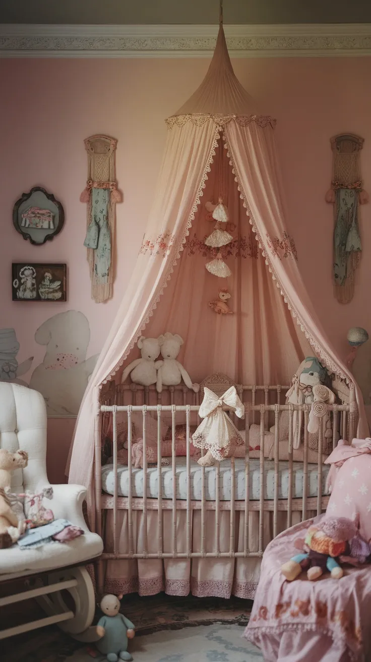 A cozy nursery with a pink canopy over a crib, plush toys, and soft textures.