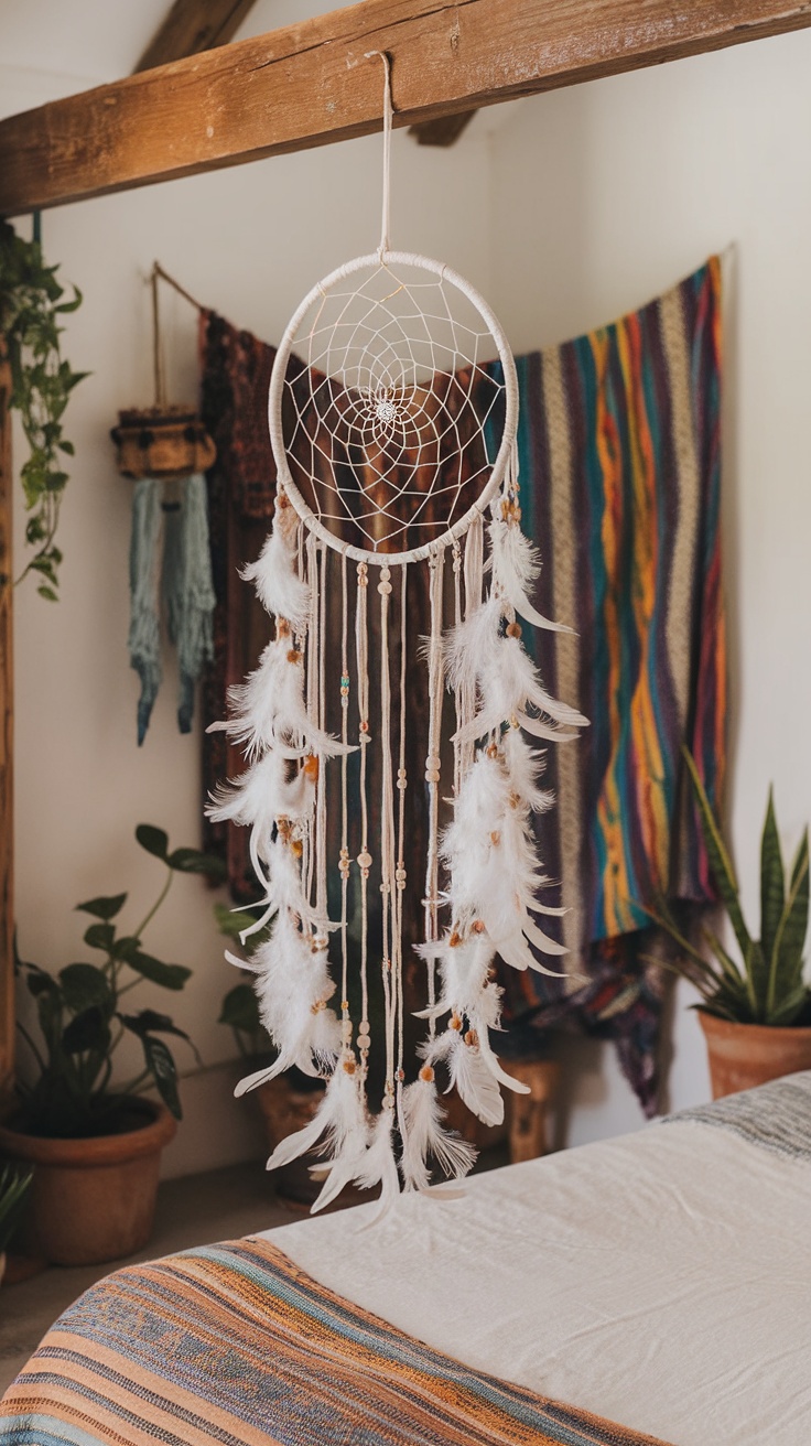 A beautiful dreamcatcher hanging in a Bohemian-style bedroom with colorful textiles and plants.