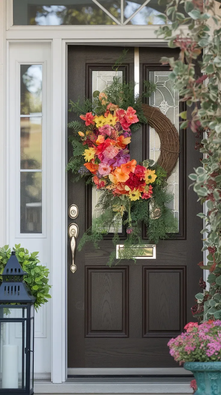 A vibrant floral wreath made of various flowers in shades of orange, pink, and yellow hanging on a dark front door, surrounded by greenery and potted plants.