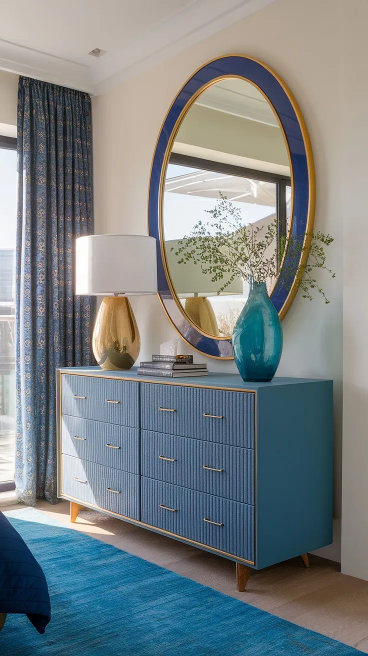 A stylish blue dresser with a round gold mirror and blue edging above it, complemented by a lamp and decorative vase.