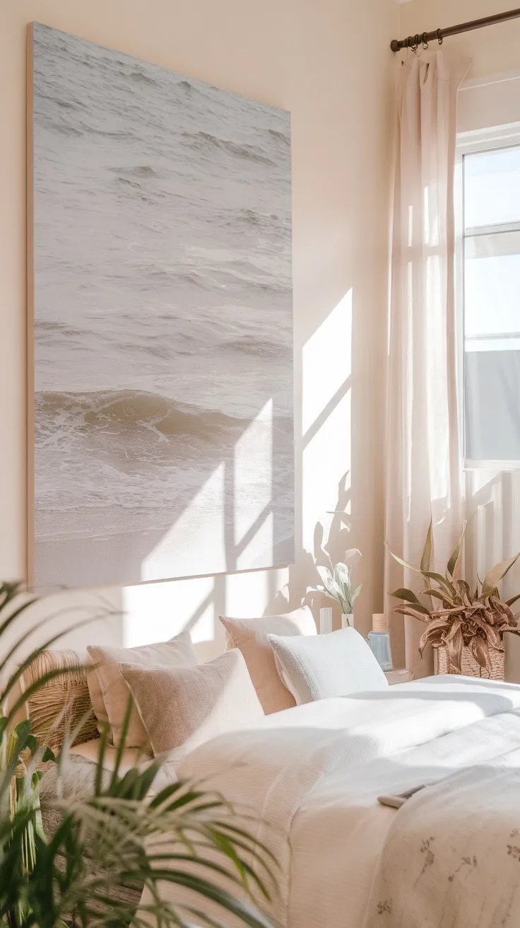 A serene bedroom with a large ocean-inspired artwork on the wall, soft bedding, and plants.