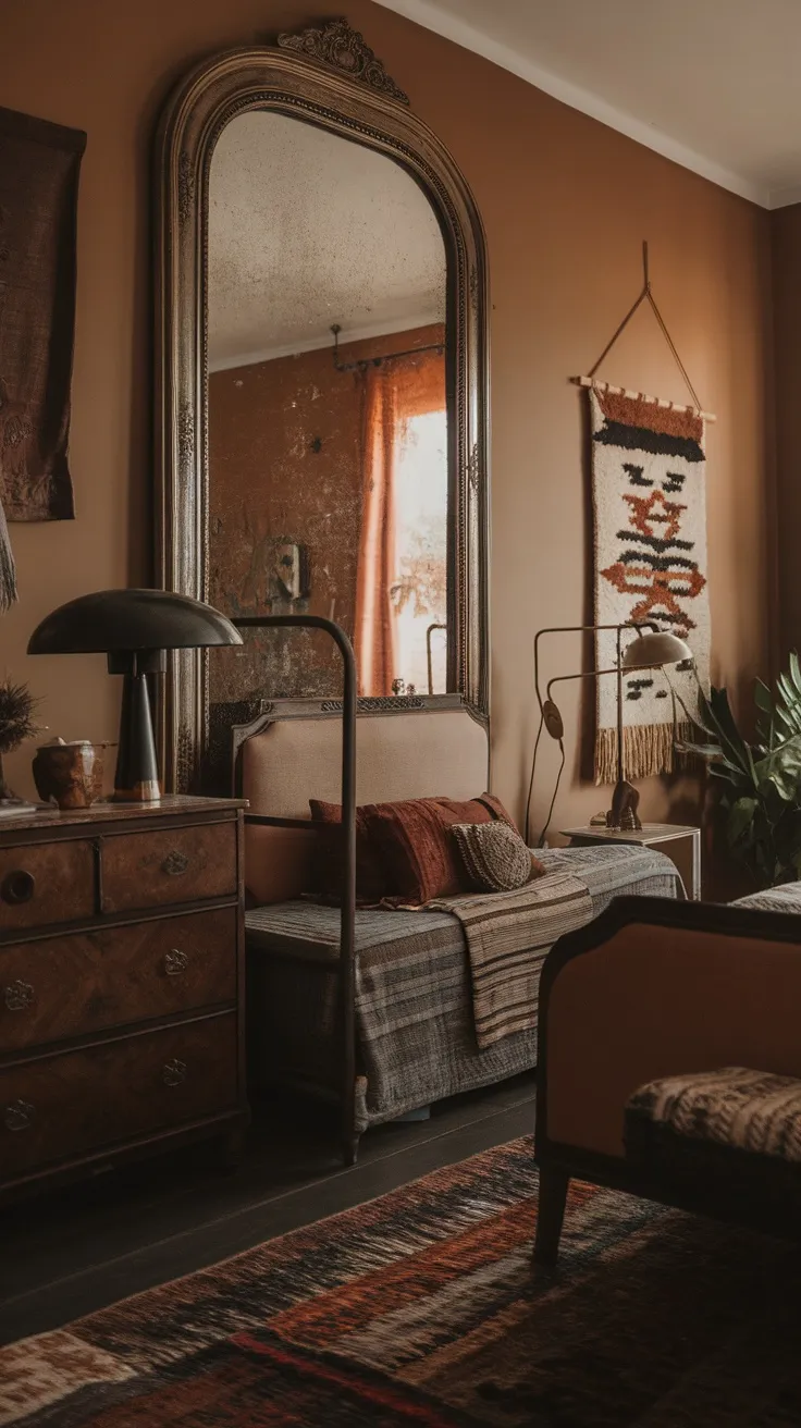 A cozy bedroom featuring a large ornate mirror reflecting light, a stylish lamp, and eclectic decor.