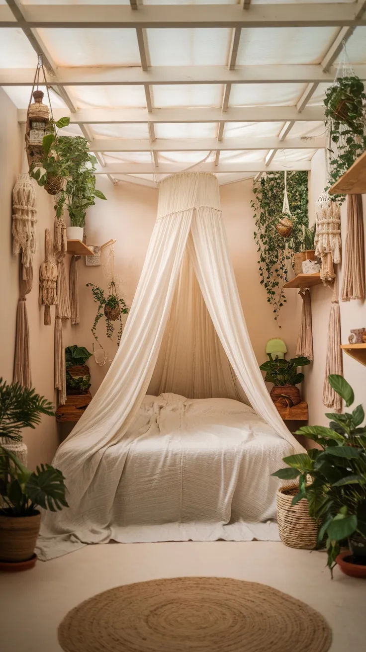 A cozy bedroom with a light, flowing canopy over the bed surrounded by plants and natural decor.