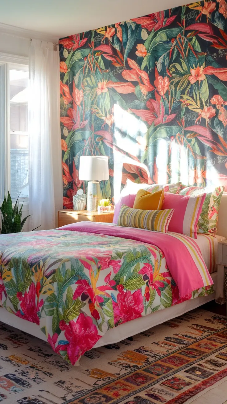 A bedroom featuring tropical print wallpaper with bright bedding and natural light.