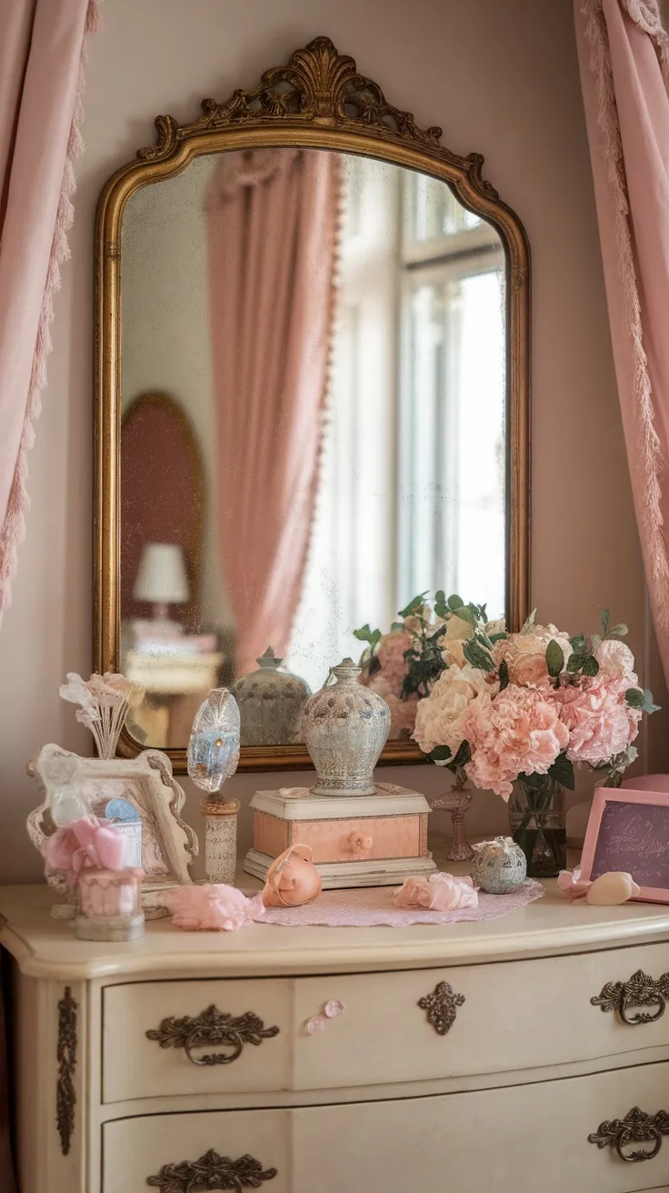 A vintage gold mirror above a dresser surrounded by delicate decorations and flowers.