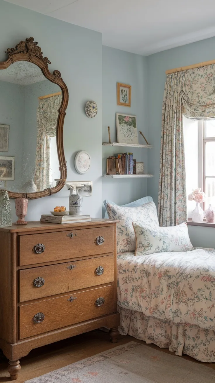 A vintage mirror with an ornate frame above a wooden dresser in a cozy bedroom with floral decor.