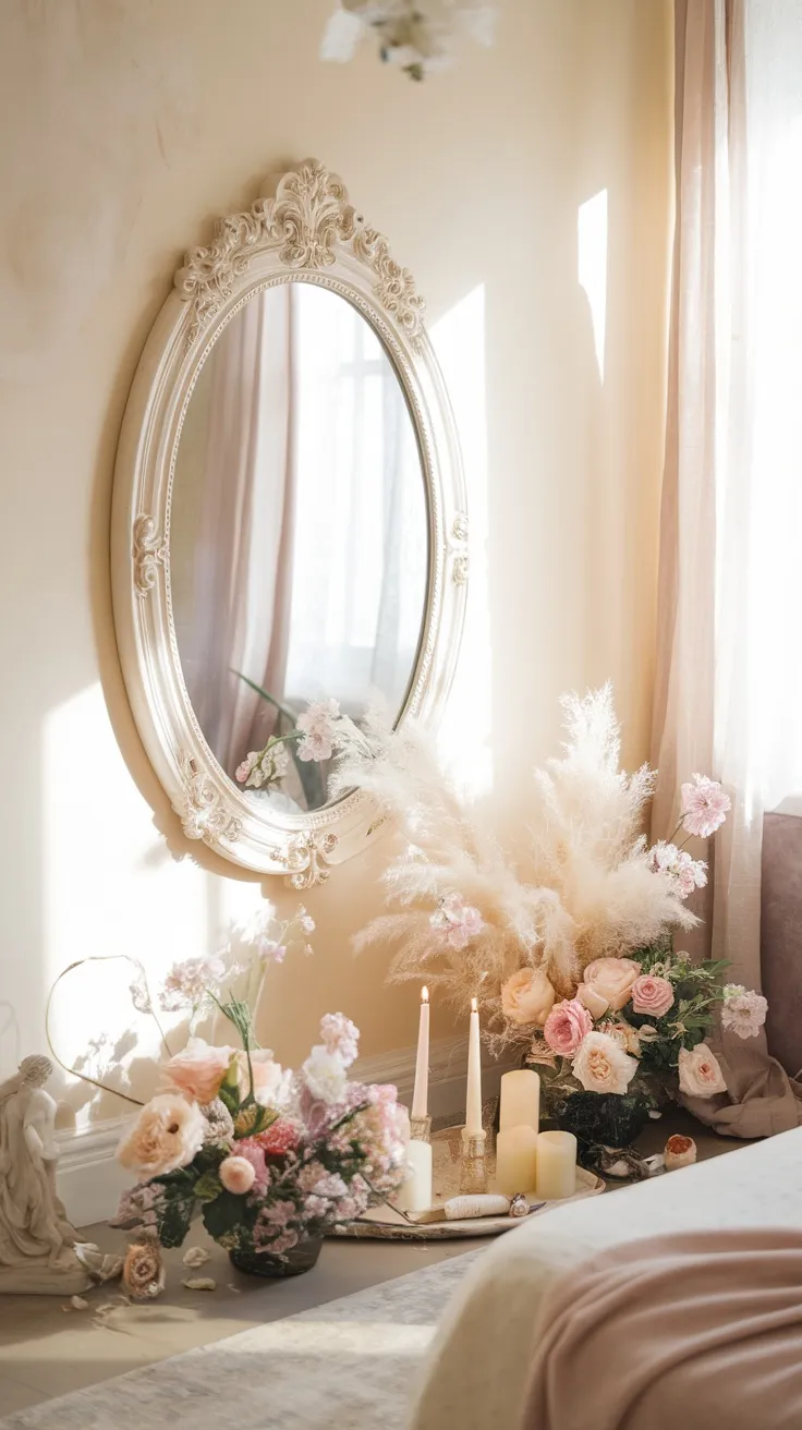 A white mirror with a cream frame hanging on a wall, reflecting light in a softly decorated bedroom with flowers and candles.