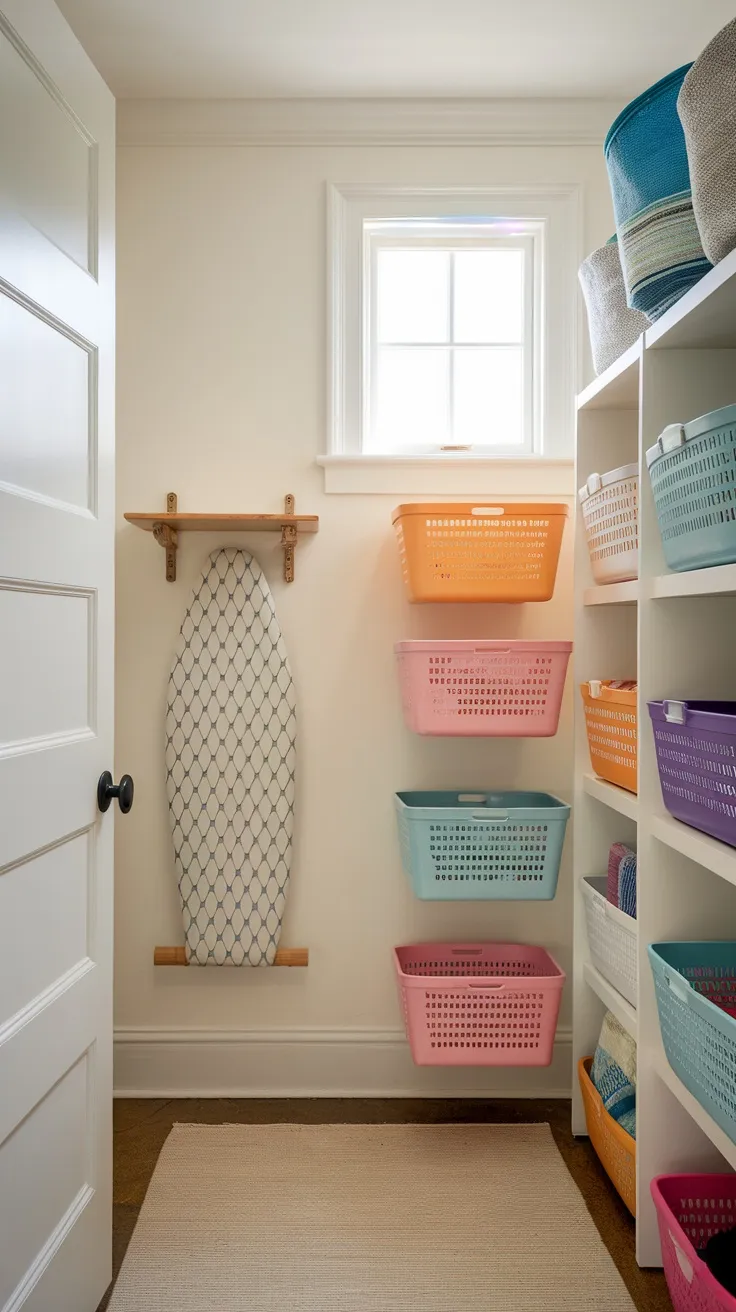 A laundry room with a wall-mounted ironing board and colorful baskets for storage.