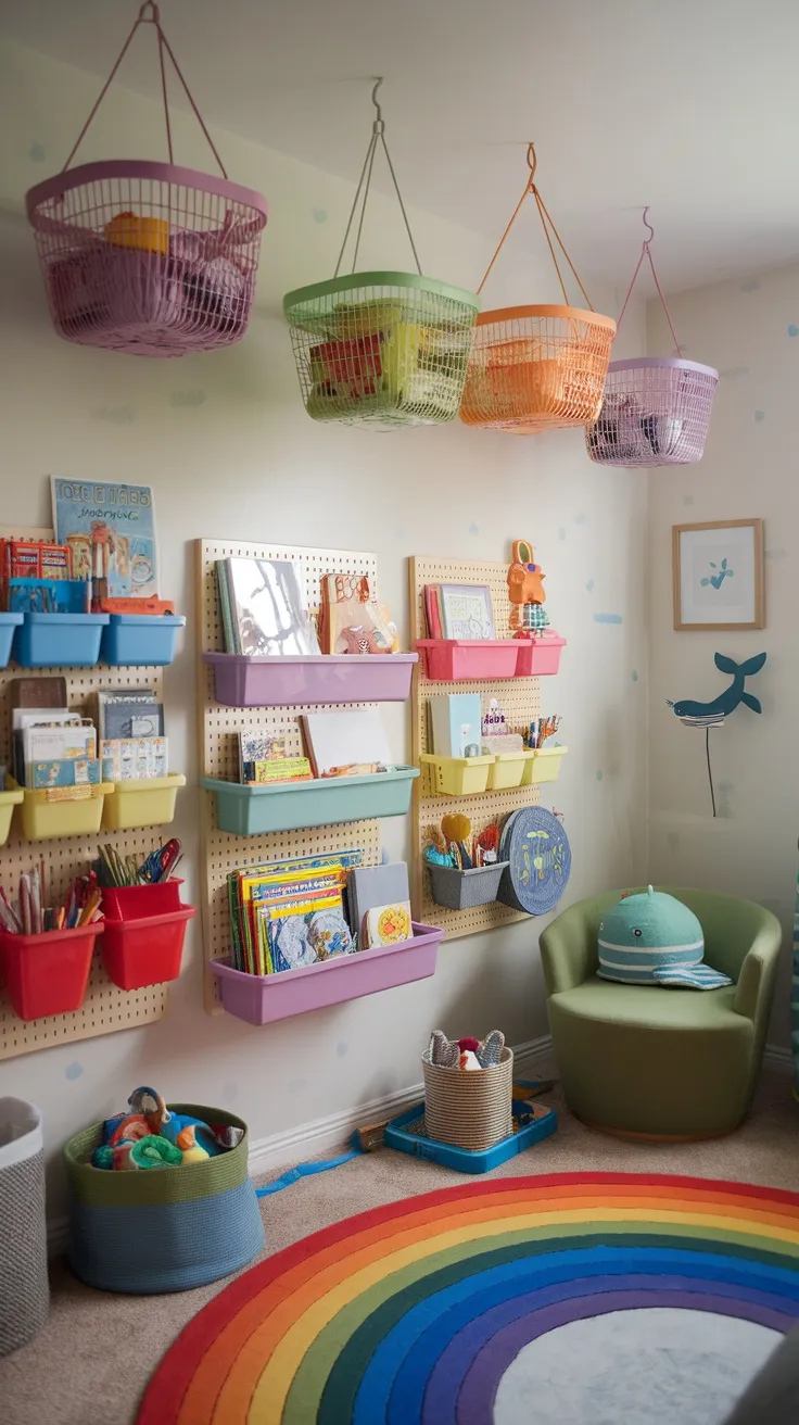 A colorful toddler room featuring hanging baskets and pegboards for organization.