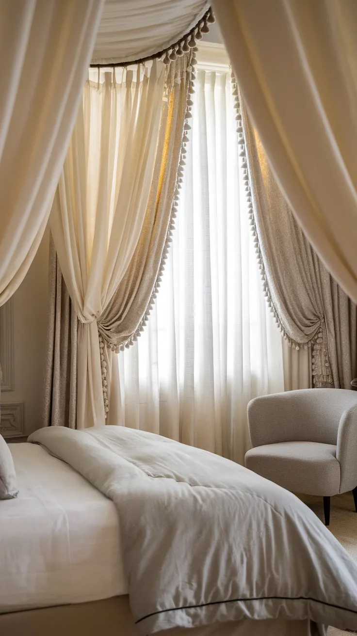 Cream curtains with white sheer panels hanging in a cozy bedroom