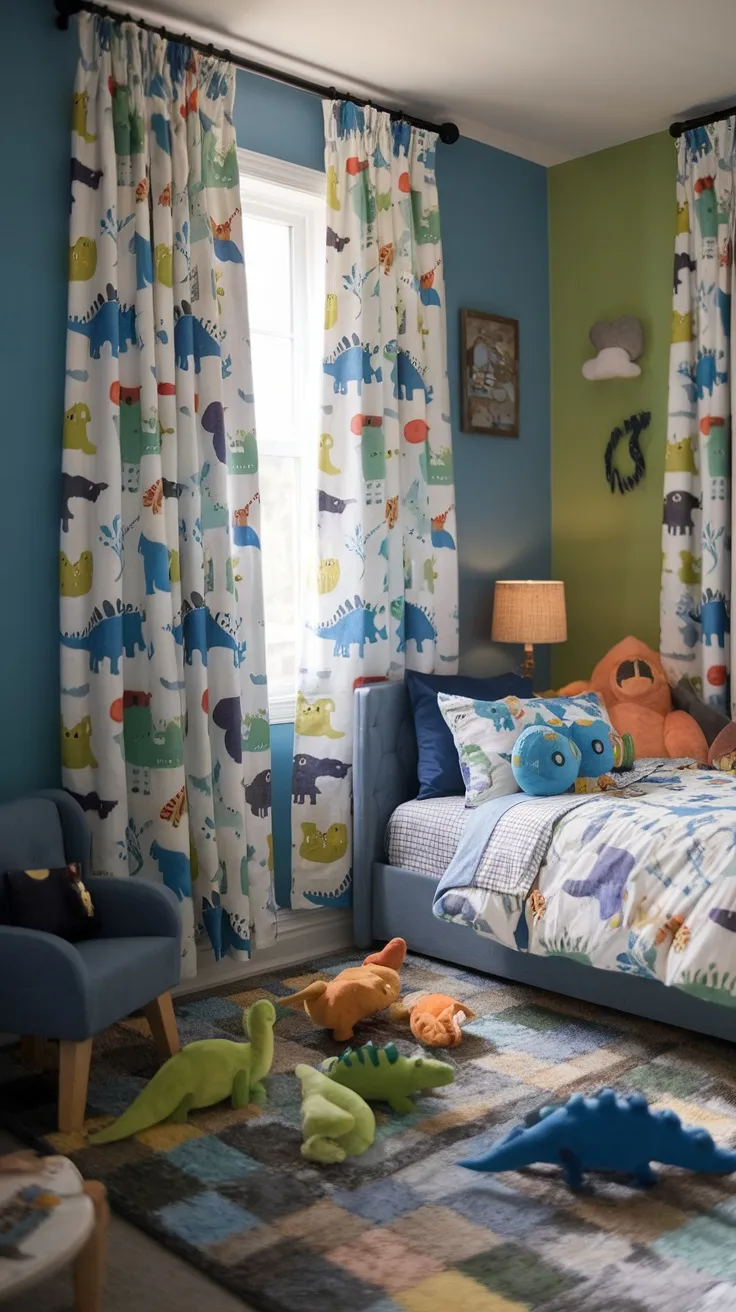 A toddler boy's bedroom with dinosaur patterned curtains, a plush bed, and colorful toys on the floor.