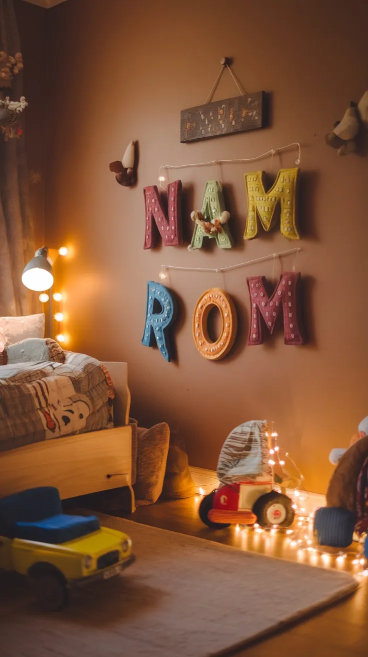 A toddler boy's bedroom featuring colorful name letters hung on the wall, creating a personalized and cozy atmosphere.